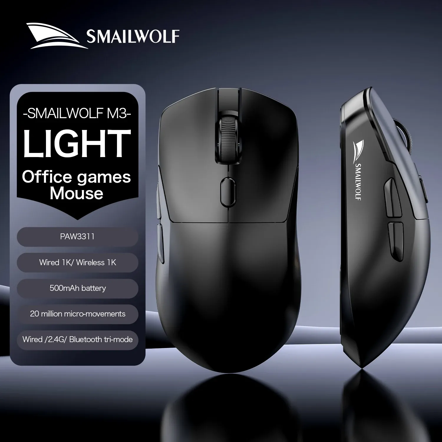 SMAILWOLF M3 PRO Souris sans fil Bluetooth tri-mode pour e-sport, compatible ordinateur portable et de bureau, capteur PAW3311, légère, idéale pour les jeux FPS 10