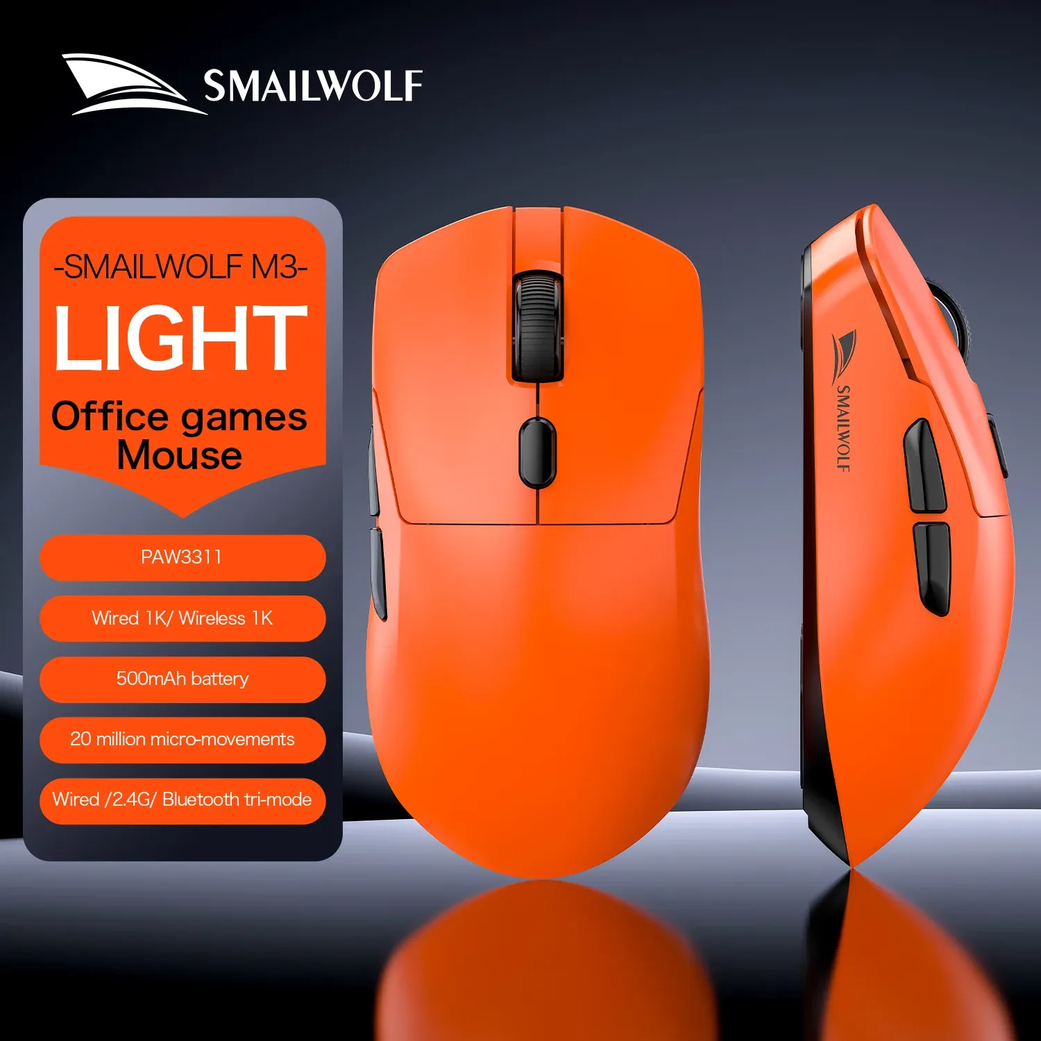 SMAILWOLF M3 PRO Souris sans fil Bluetooth tri-mode pour e-sport, compatible ordinateur portable et de bureau, capteur PAW3311, légère, idéale pour les jeux FPS 8