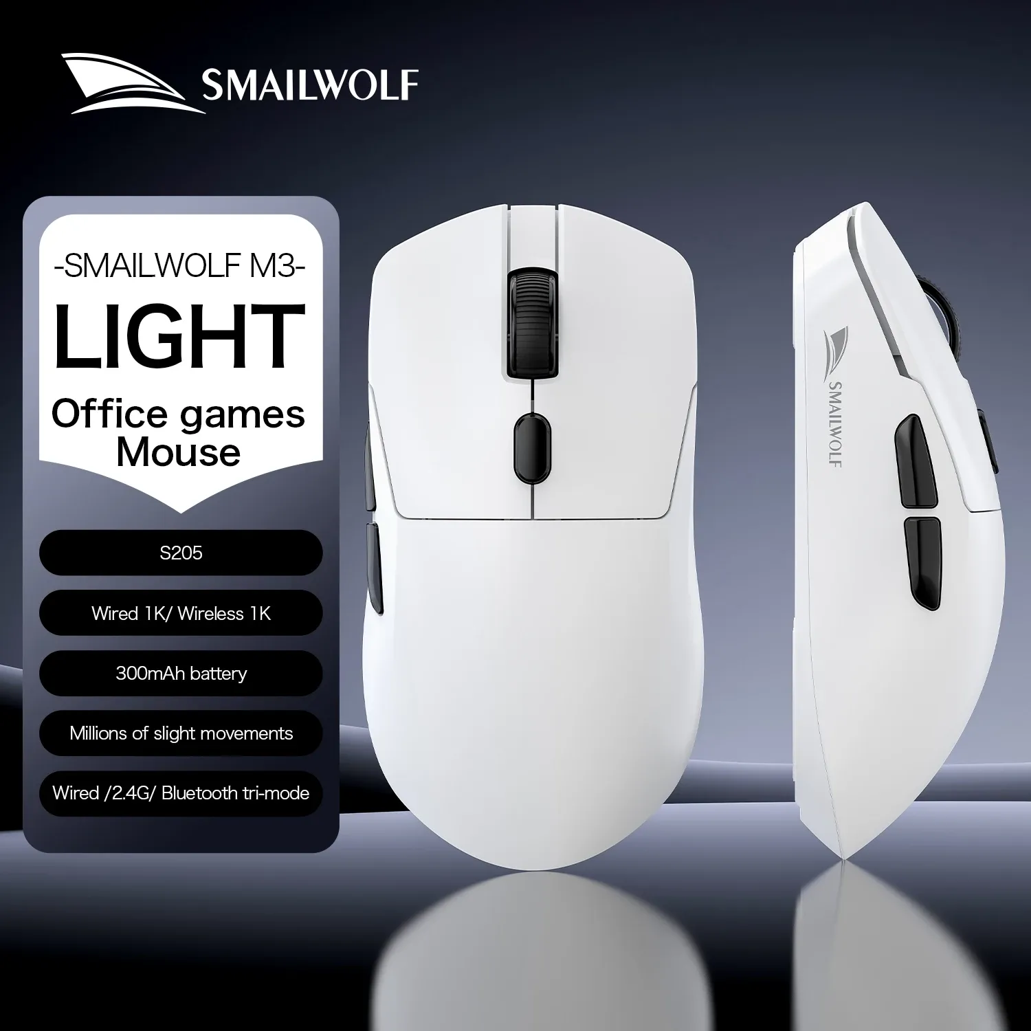 SMAILWOLF M3 PRO Souris sans fil Bluetooth tri-mode pour e-sport, compatible ordinateur portable et de bureau, capteur PAW3311, légère, idéale pour les jeux FPS 13