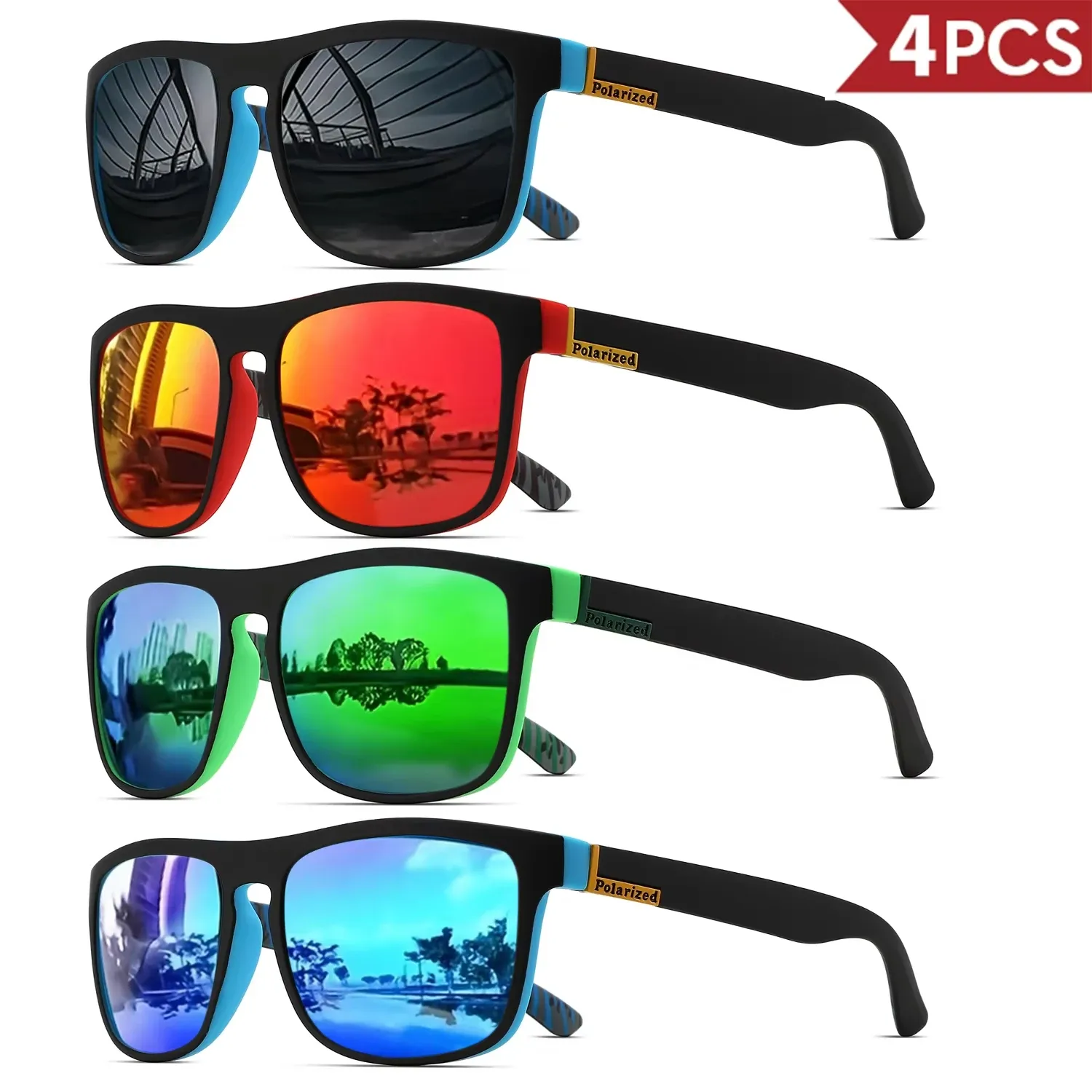 Lunettes de soleil de sport polarisées carrées pour hommes, monture légère en PC, protection UV400, pour la conduite, la pêche et le cyclisme, lot de 1 à 4 pièces 2