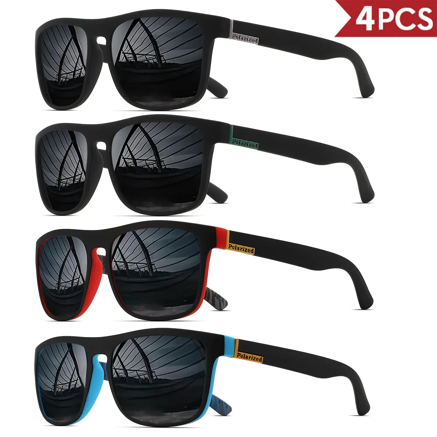 Lunettes de soleil de sport polarisées carrées pour hommes, monture légère en PC, protection UV400, pour la conduite, la pêche et le cyclisme, lot de 1 à 4 pièces 15