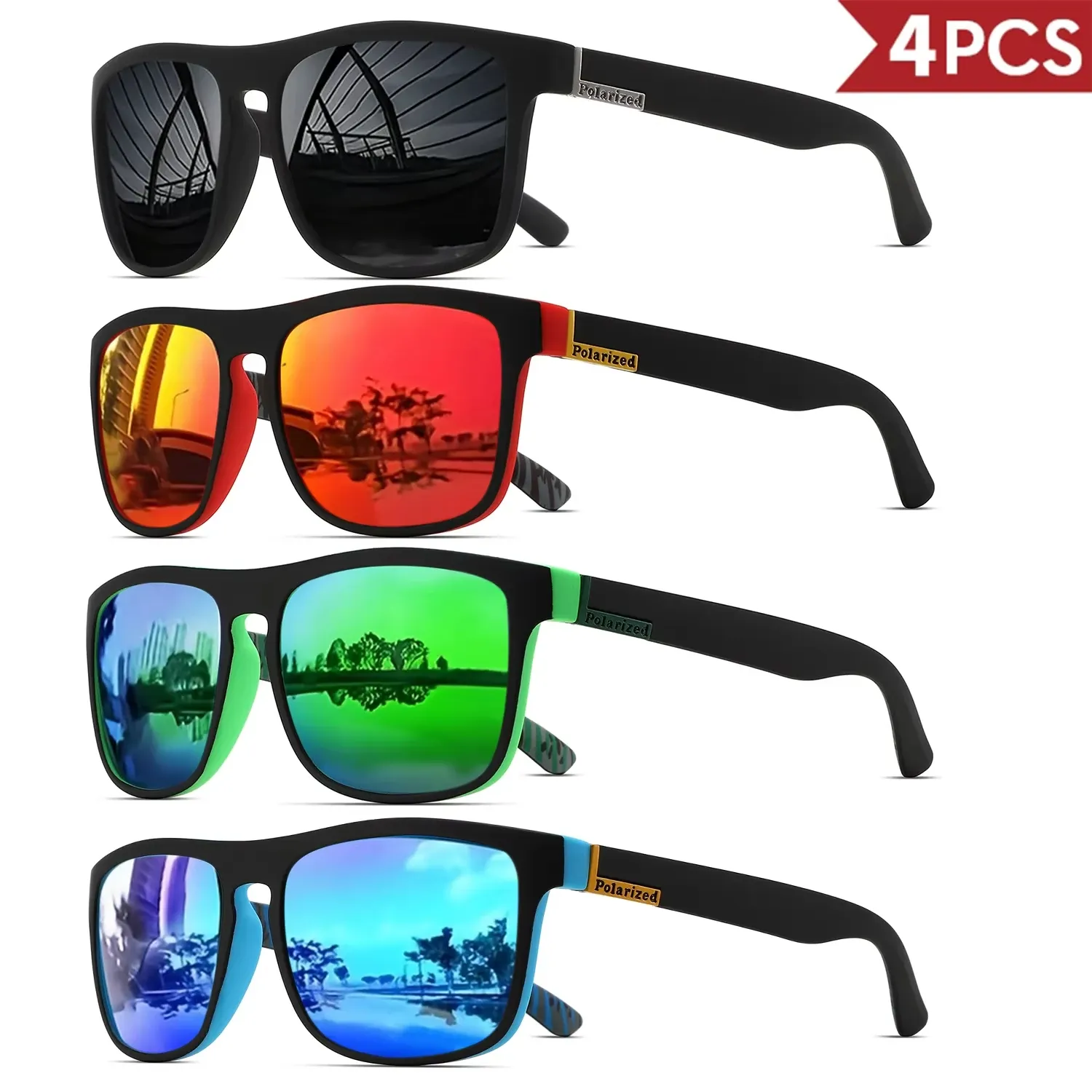 Lunettes de soleil de sport polarisées carrées pour hommes, monture légère en PC, protection UV400, pour la conduite, la pêche et le cyclisme, lot de 1 à 4 pièces 14