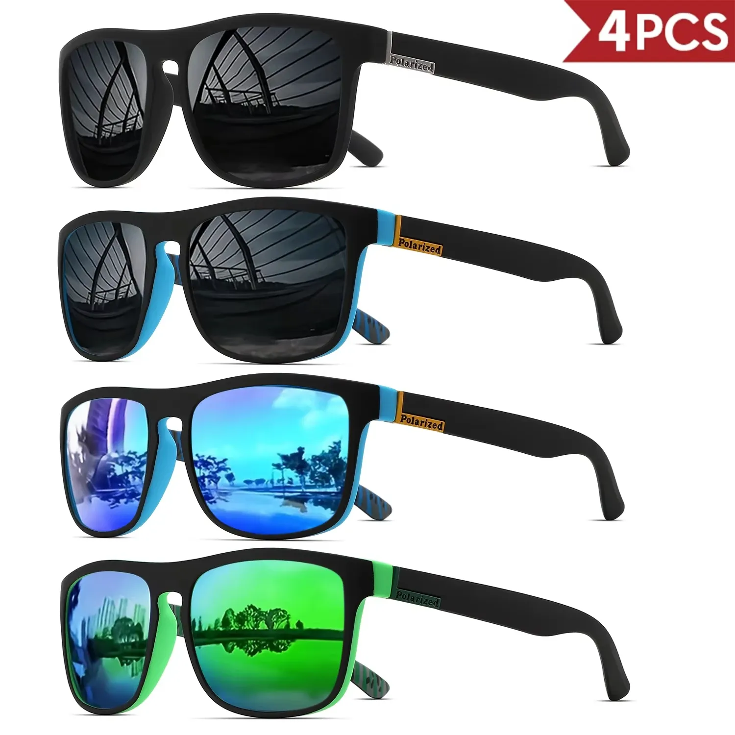 Lunettes de soleil de sport polarisées carrées pour hommes, monture légère en PC, protection UV400, pour la conduite, la pêche et le cyclisme, lot de 1 à 4 pièces 22