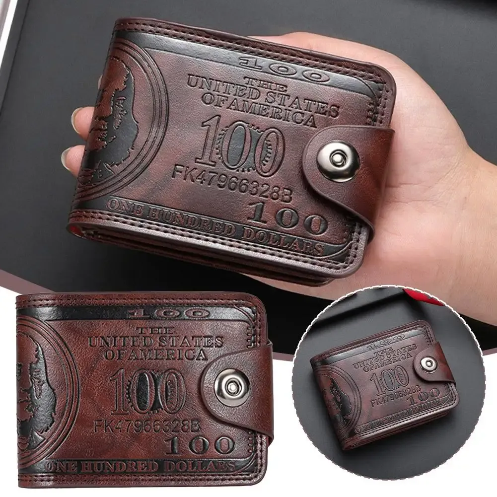 Portefeuille homme en cuir à motif billet de 100 dollars américains avec fermoir, porte-cartes et poche zippée - Image 1