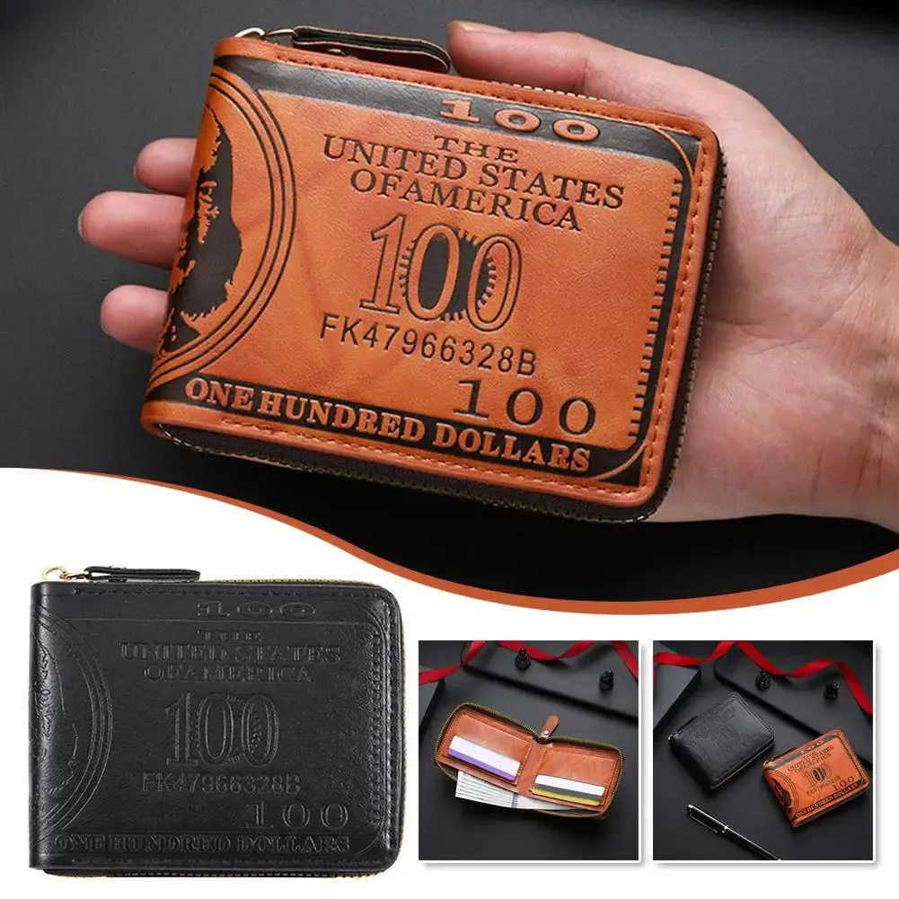 Portefeuille homme en cuir à motif billet de 100 dollars américains avec fermoir, porte-cartes et poche zippée 2