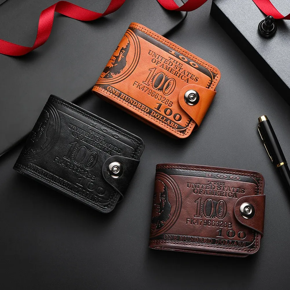 Portefeuille homme en cuir à motif billet de 100 dollars américains avec fermoir, porte-cartes et poche zippée 3