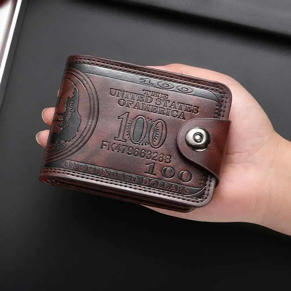 Portefeuille homme en cuir à motif billet de 100 dollars américains avec fermoir, porte-cartes et poche zippée 4