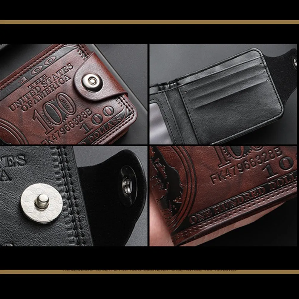 Portefeuille homme en cuir à motif billet de 100 dollars américains avec fermoir, porte-cartes et poche zippée 5