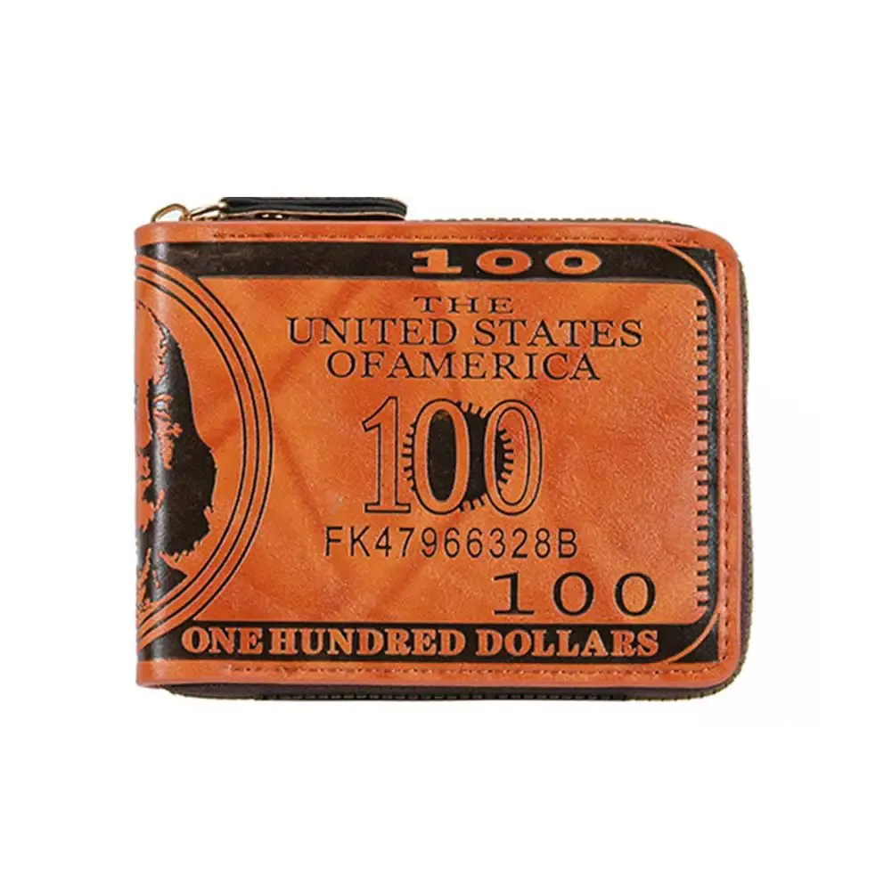 Portefeuille homme en cuir à motif billet de 100 dollars américains avec fermoir, porte-cartes et poche zippée 11