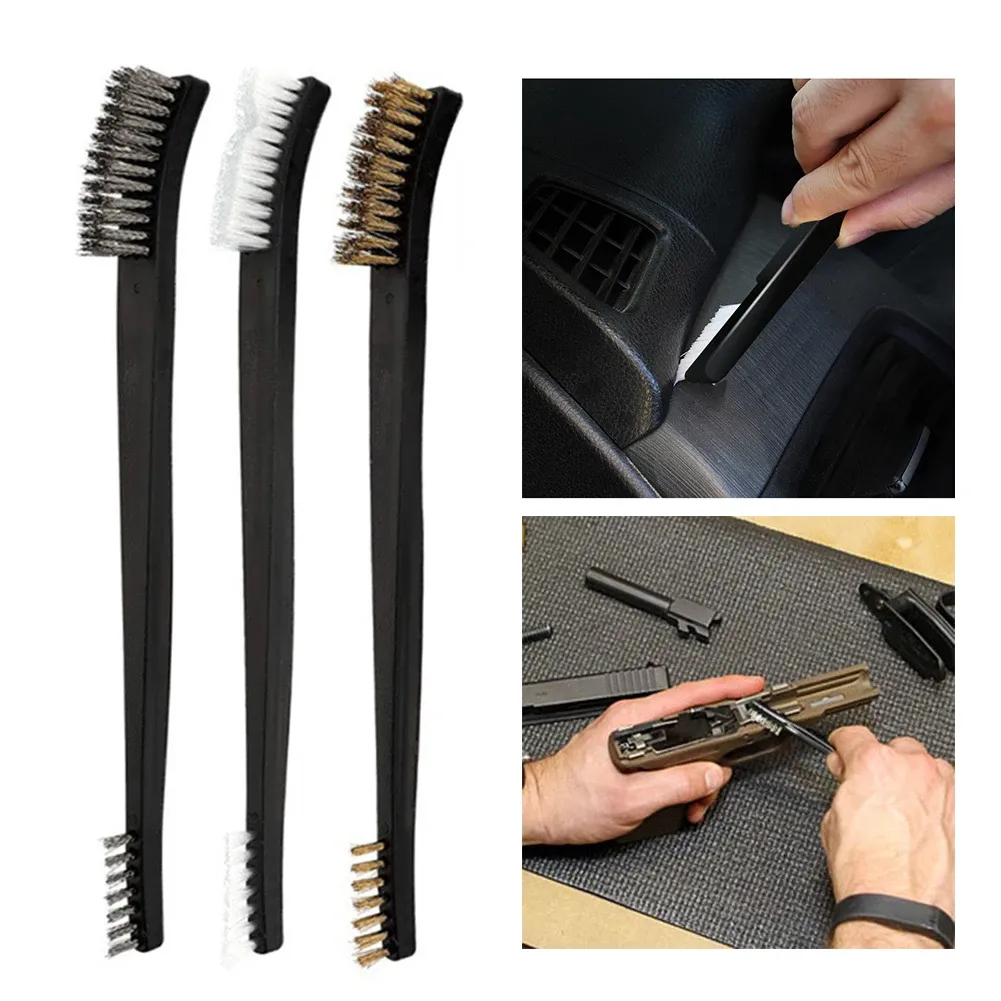 Ensemble de 3 brosses métalliques double tête en acier, laiton et nylon pour le nettoyage et le polissage - Image 1
