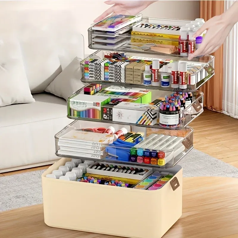 Organisateur de rangement empilable à 3, 4 ou 5 niveaux pour la maison et le bureau, avec couvercles, transparent, idéal pour documents, stylos, crayons et fournitures de couture 3