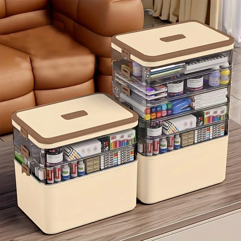 Organisateur de rangement empilable à 3, 4 ou 5 niveaux pour la maison et le bureau, avec couvercles, transparent, idéal pour documents, stylos, crayons et fournitures de couture 5