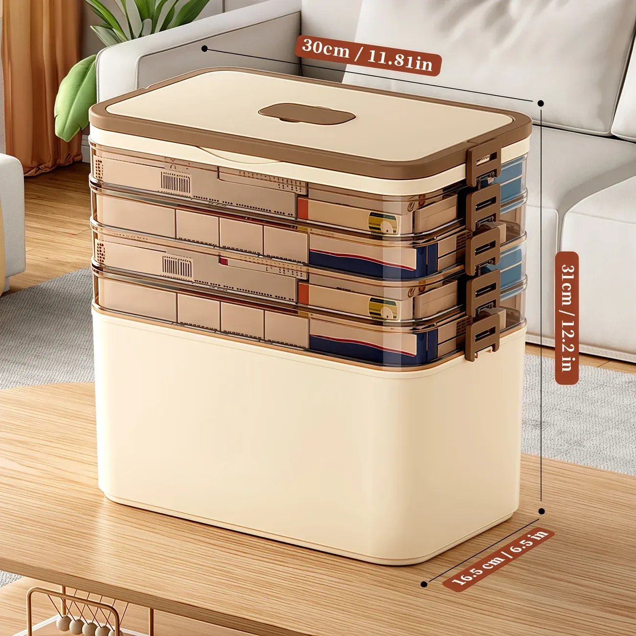 Organisateur de rangement empilable à 3, 4 ou 5 niveaux pour la maison et le bureau, avec couvercles, transparent, idéal pour documents, stylos, crayons et fournitures de couture 6