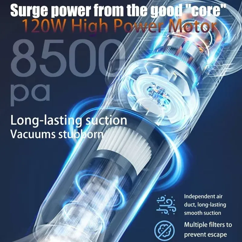 Aspirateur à main sans fil haute puissance 8500 Pa, 120 W, portable, pour la maison et la voiture, avec brosse 3