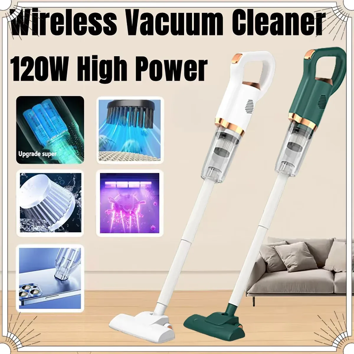 Aspirateur à main sans fil haute puissance 8500 Pa, 120 W, portable, pour la maison et la voiture, avec brosse 2