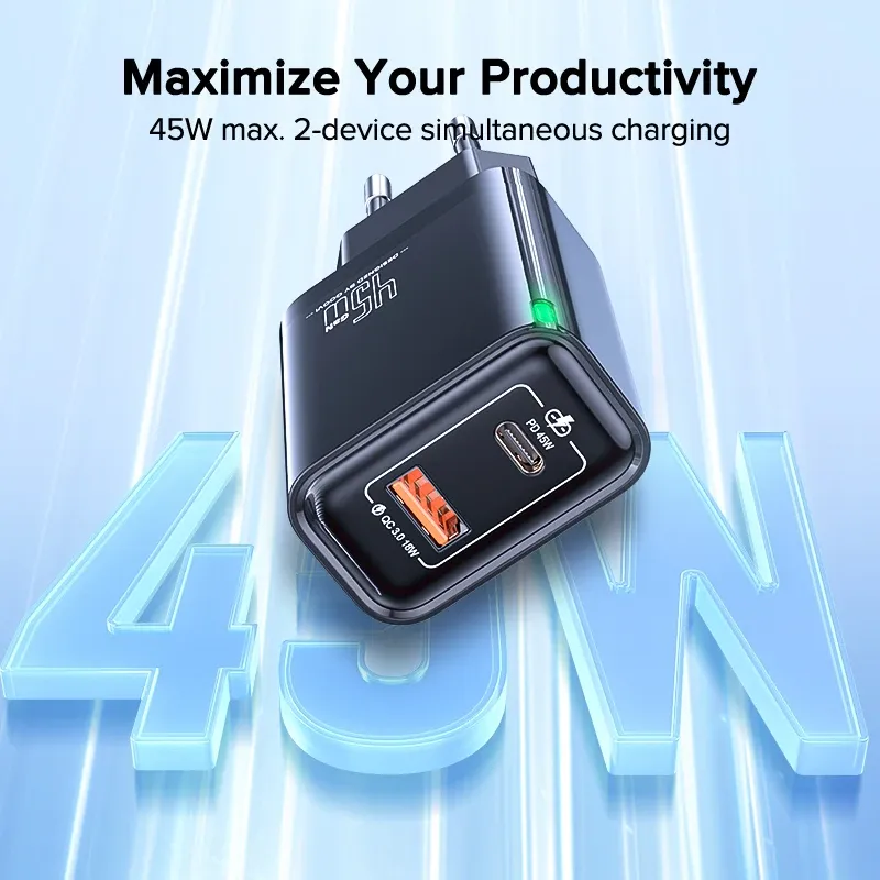 Chargeur mural USB-C GaN 45 W PD QC 3.0, charge rapide pour iPhone, Samsung S23 et S21, ordinateur portable et tablette, marque Qwing 4
