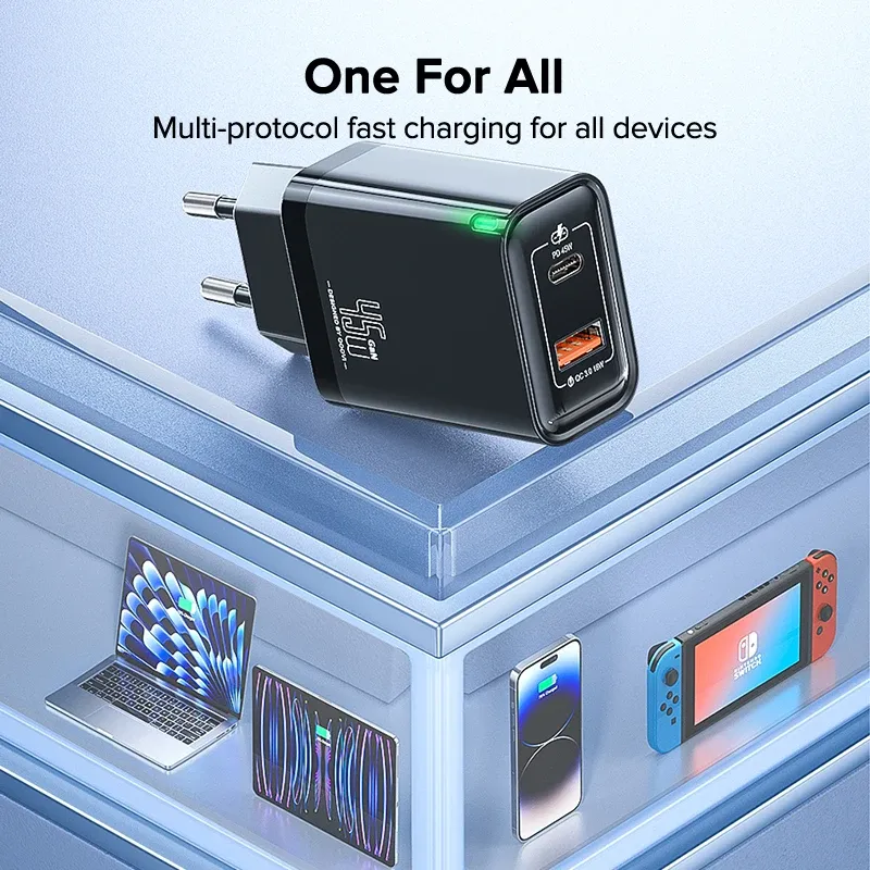 Chargeur mural USB-C GaN 45 W PD QC 3.0, charge rapide pour iPhone, Samsung S23 et S21, ordinateur portable et tablette, marque Qwing 6