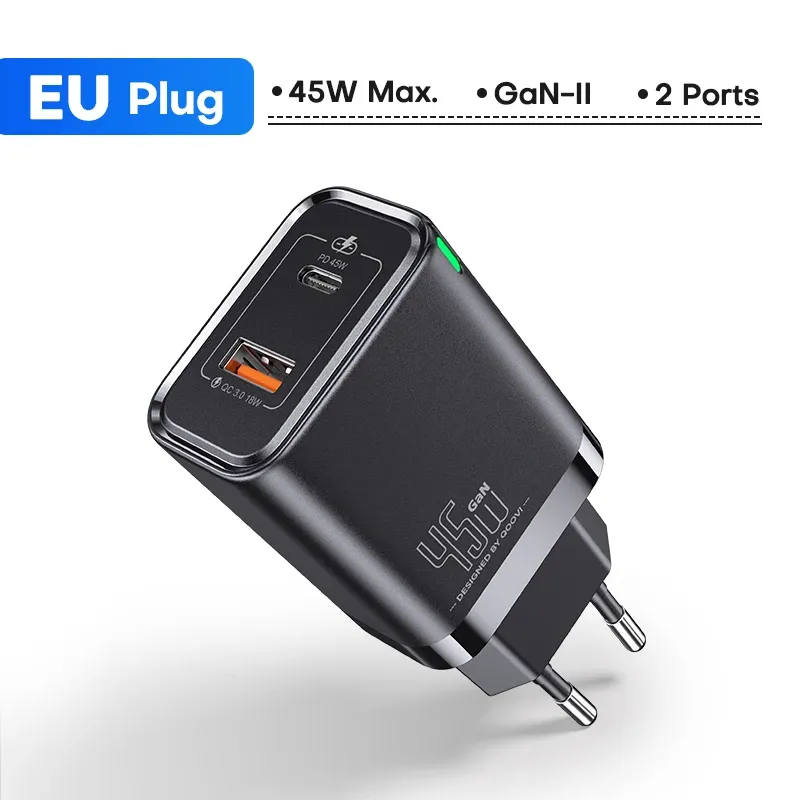 Chargeur mural USB-C GaN 45 W PD QC 3.0, charge rapide pour iPhone, Samsung S23 et S21, ordinateur portable et tablette, marque Qwing 8