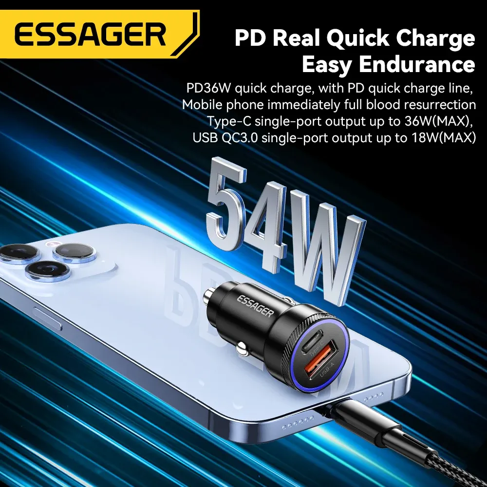 Chargeur de voiture Essager 54W, USB et USB-C, 5 A, charge rapide QC 3.0, PD 3.0, SCP, AFC, compatible iPhone, Huawei, Samsung et Xiaomi 2