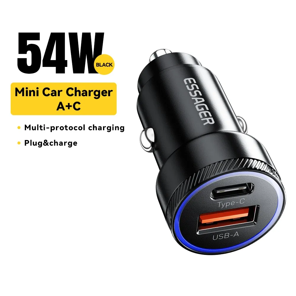 Chargeur de voiture Essager 54W, USB et USB-C, 5 A, charge rapide QC 3.0, PD 3.0, SCP, AFC, compatible iPhone, Huawei, Samsung et Xiaomi 8