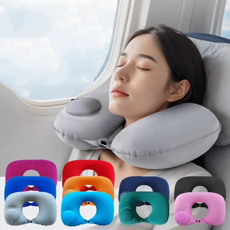 Oreiller de voyage gonflable, oreiller de cou pour avion, oreiller cervical orthopédique en forme de U, oreiller portable pliable pour l'extérieur