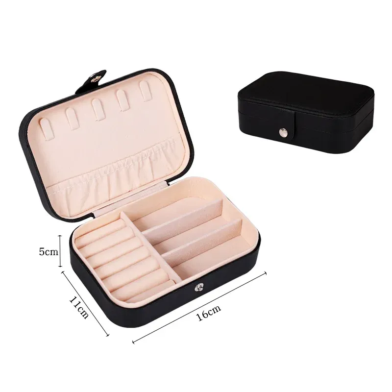 Boîte à bijoux de voyage portable en cuir avec fermeture à bouton et fermeture éclair 13