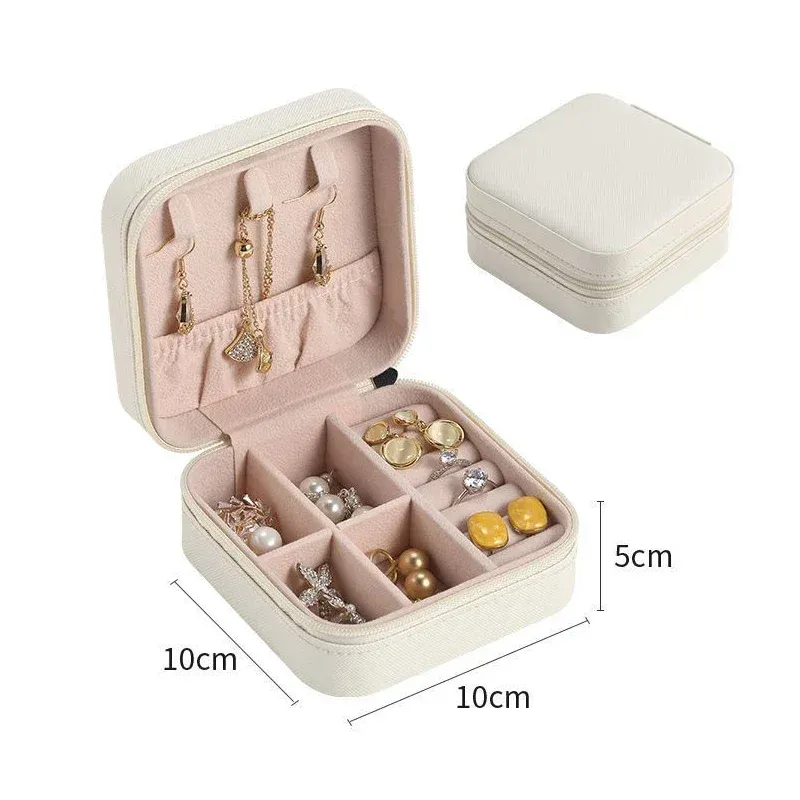 Boîte à bijoux de voyage portable en cuir avec fermeture à bouton et fermeture éclair 14