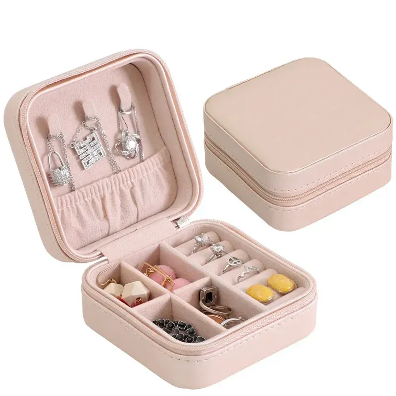 Boîte à bijoux de voyage portable en cuir avec fermeture à bouton et fermeture éclair 17