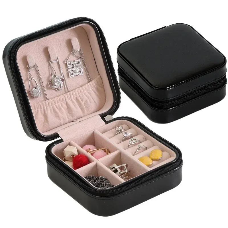 Boîte à bijoux de voyage portable en cuir avec fermeture à bouton et fermeture éclair 16