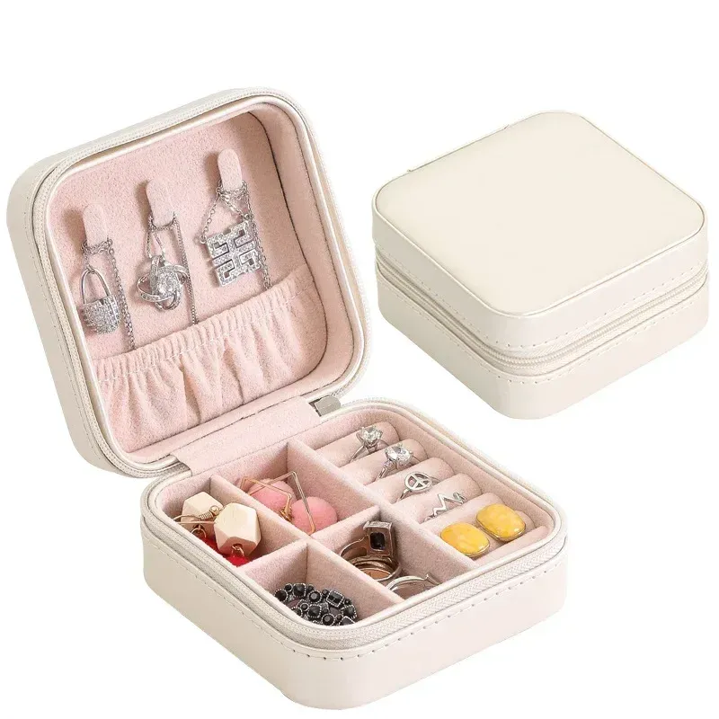 Boîte à bijoux de voyage portable en cuir avec fermeture à bouton et fermeture éclair 19