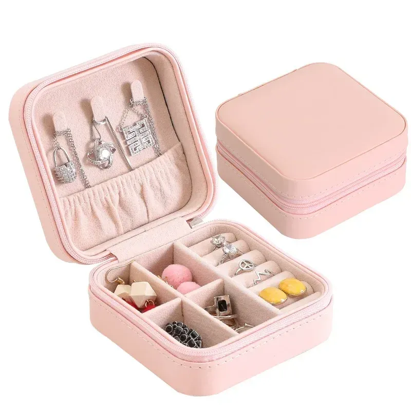 Boîte à bijoux de voyage portable en cuir avec fermeture à bouton et fermeture éclair 18