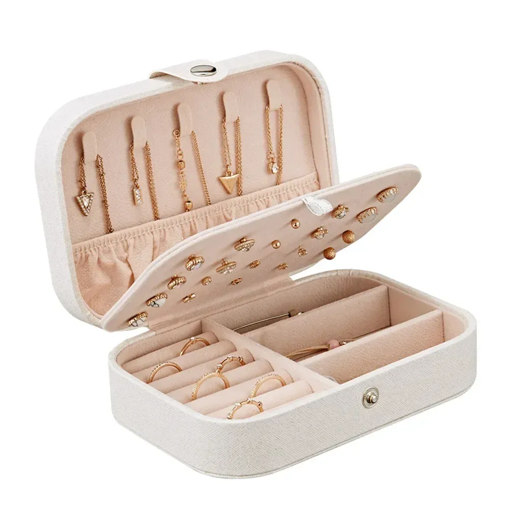 Boîte à bijoux de voyage portable en cuir avec fermeture à bouton et fermeture éclair 8