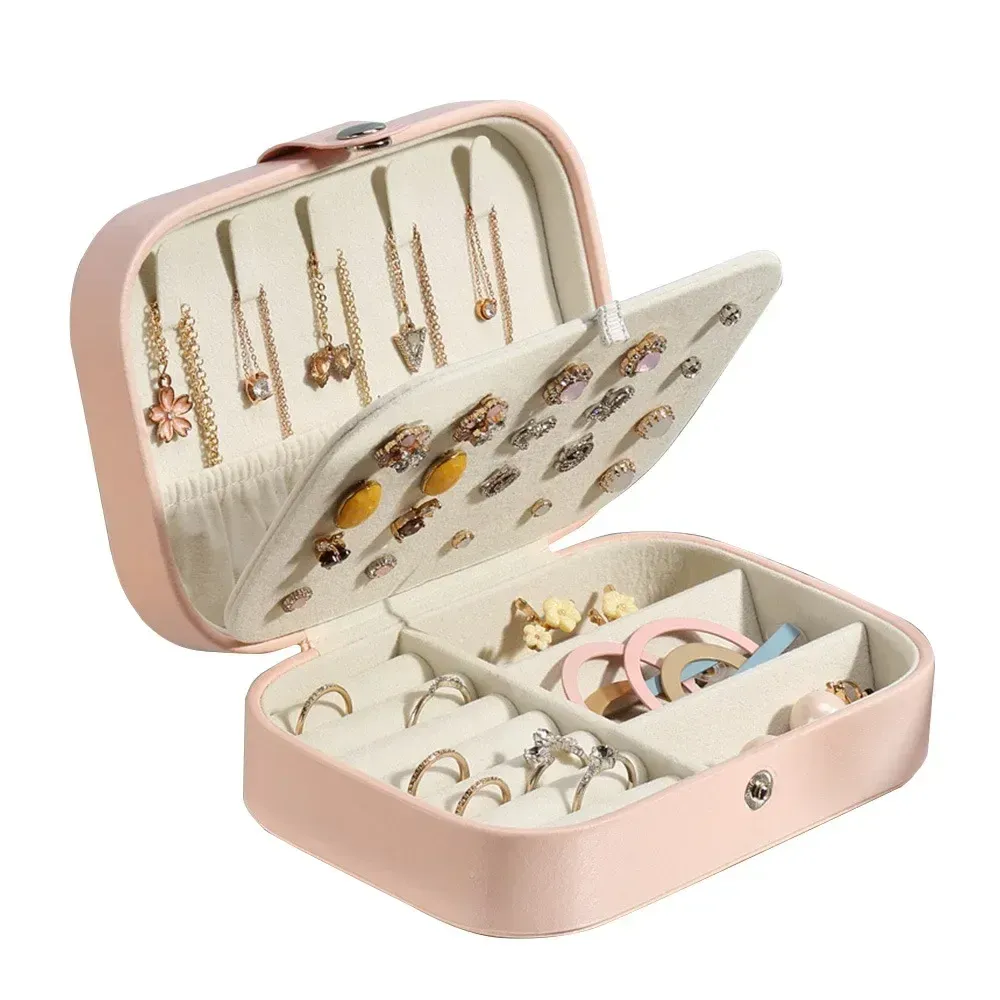 Boîte à bijoux de voyage portable en cuir avec fermeture à bouton et fermeture éclair 7