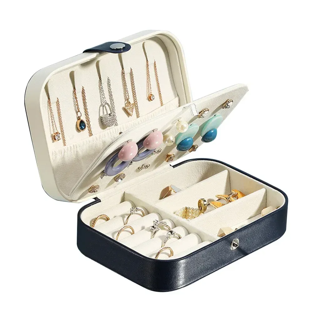 Boîte à bijoux de voyage portable en cuir avec fermeture à bouton et fermeture éclair 10