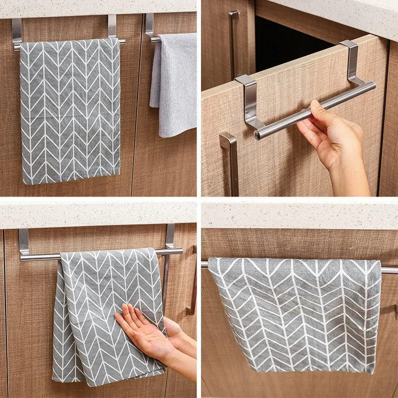 Porte-serviettes en acier inoxydable à suspendre sur porte, sans perçage, pour cuisine et salle de bains 3