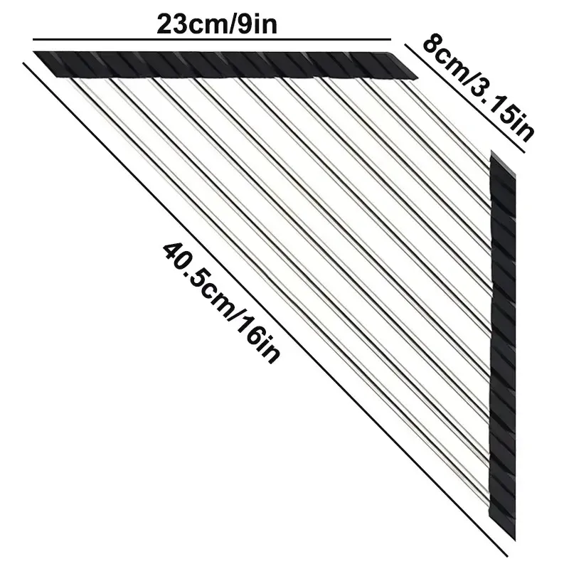 Égouttoir à vaisselle d'angle triangulaire en acier inoxydable, enroulable et pliable, organisateur d'évier de cuisine avec support pour éponge et chiffon 5