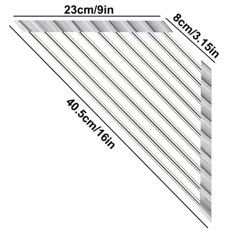 Égouttoir à vaisselle d'angle triangulaire en acier inoxydable, enroulable et pliable, organisateur d'évier de cuisine avec support pour éponge et chiffon 7