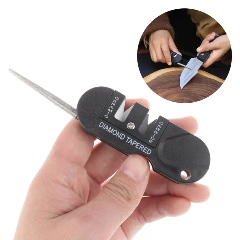 Affûteur de couteaux portable 4 en 1 en carbure de tungstène et céramique, outil de poche au diamant pour hameçons, camping, randonnée et plein air - Image 1