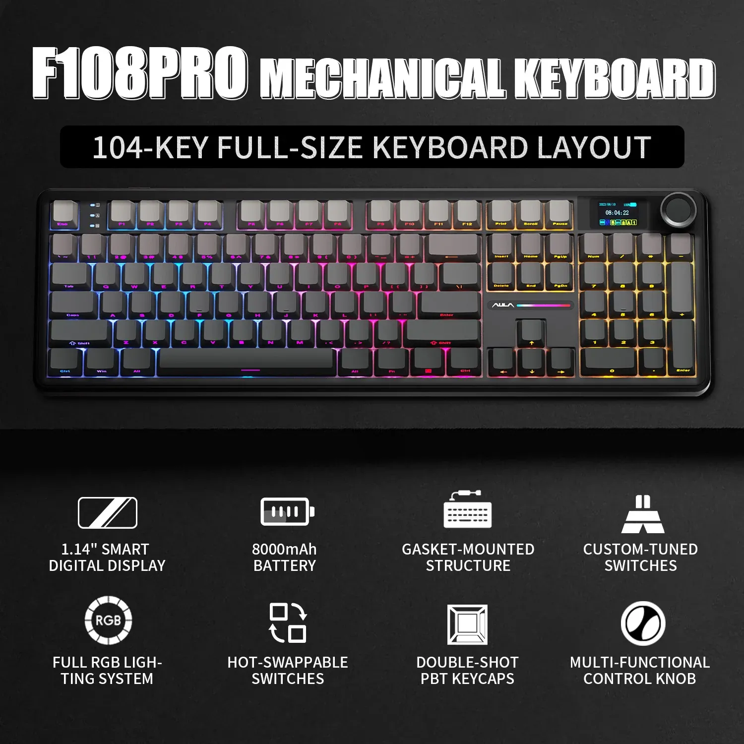 Clavier mécanique AULA F108 PRO, disposition personnalisable, rétroéclairage RVB, sans fil Bluetooth, interrupteurs HiFi