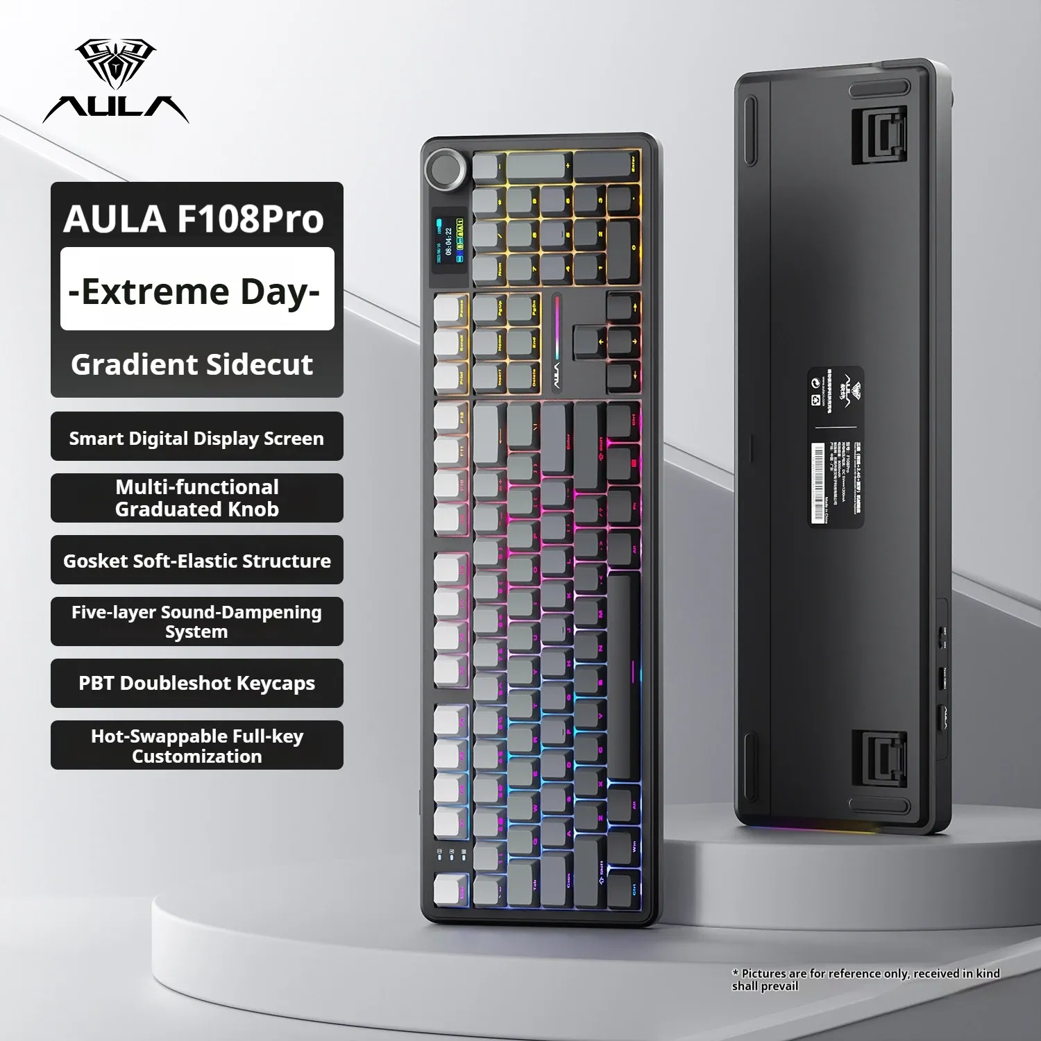 Clavier mécanique AULA F108 PRO, disposition personnalisable, rétroéclairage RVB, sans fil Bluetooth, interrupteurs HiFi 11