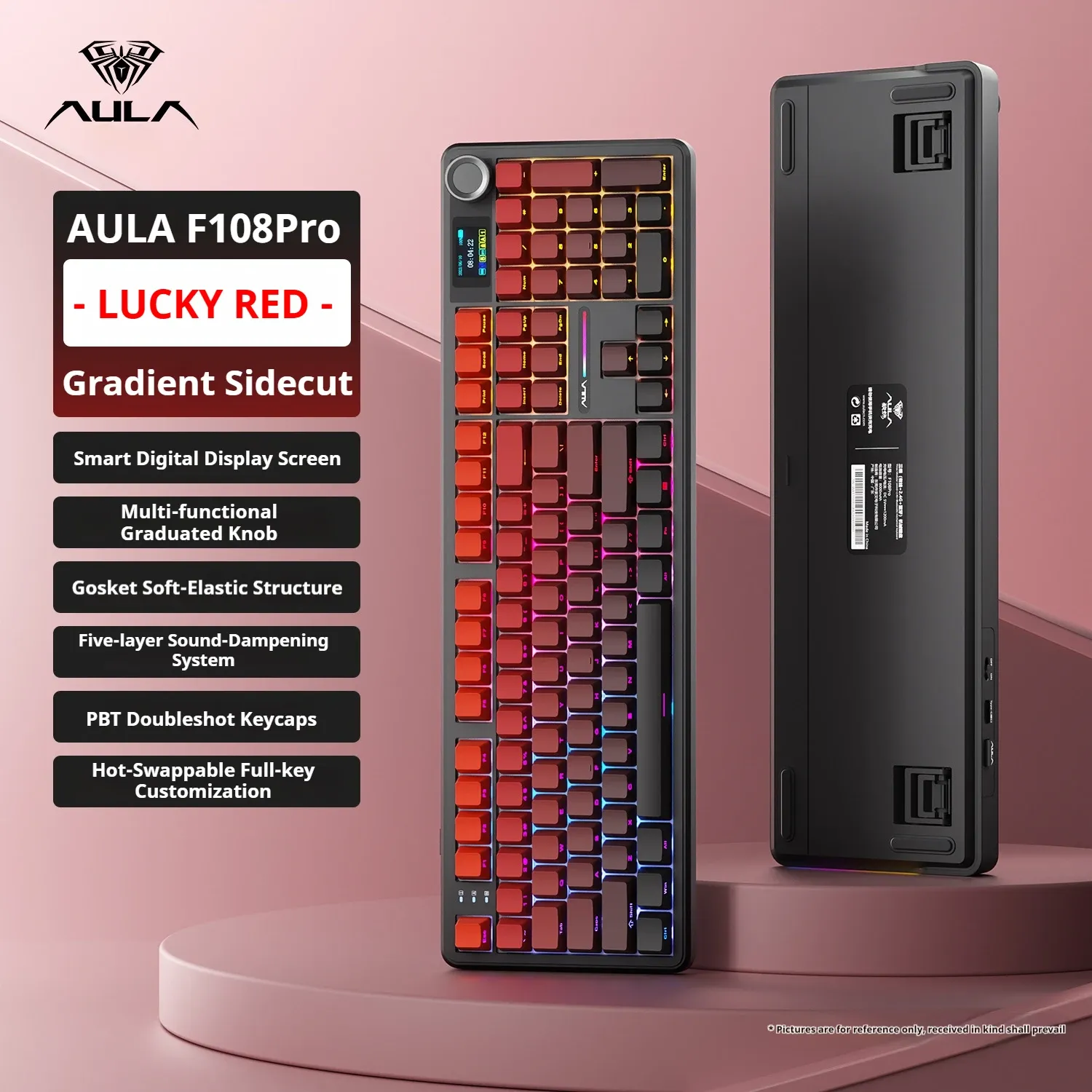 Clavier mécanique AULA F108 PRO, disposition personnalisable, rétroéclairage RVB, sans fil Bluetooth, interrupteurs HiFi 18