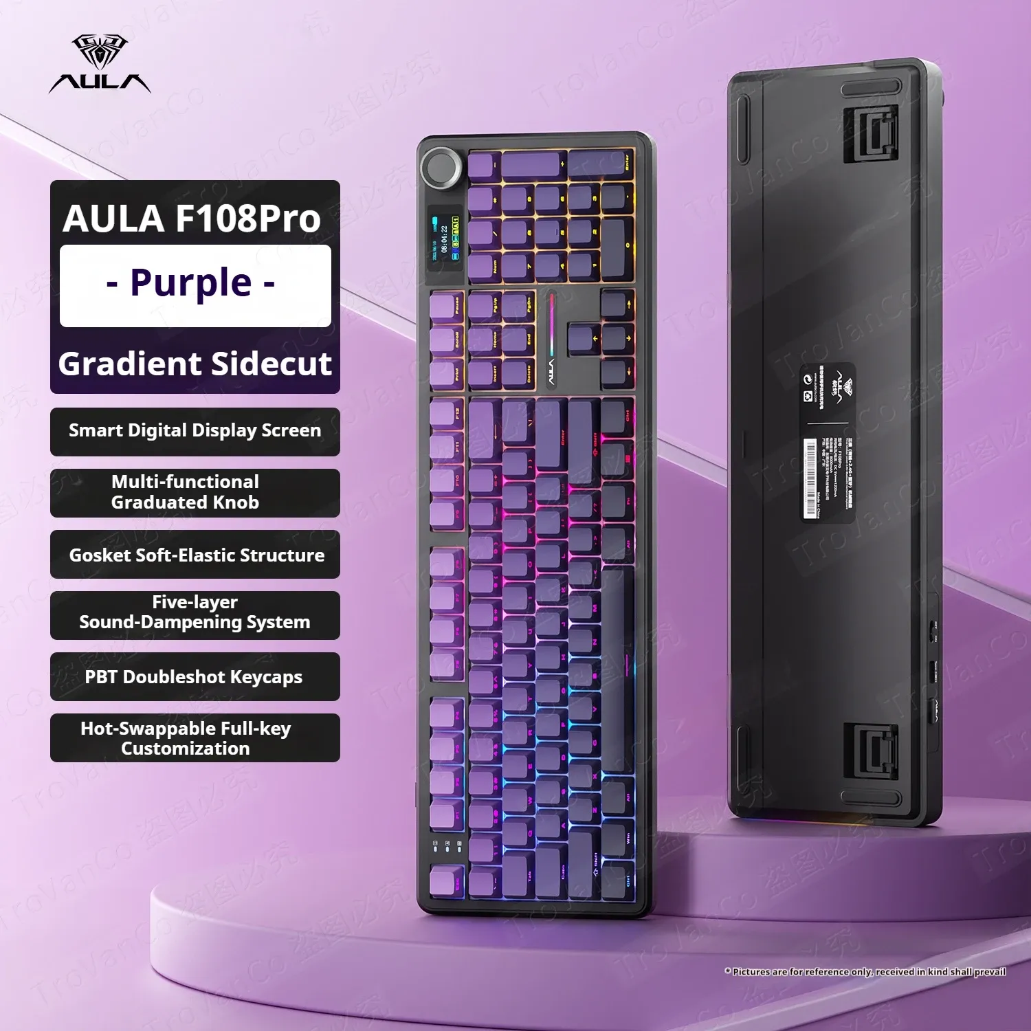 Clavier mécanique AULA F108 PRO, disposition personnalisable, rétroéclairage RVB, sans fil Bluetooth, interrupteurs HiFi 8