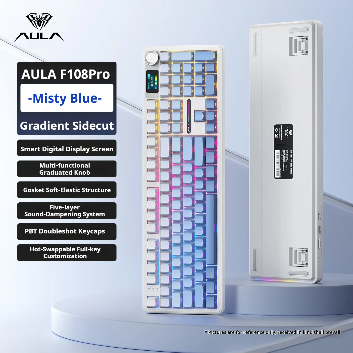Clavier mécanique AULA F108 PRO, disposition personnalisable, rétroéclairage RVB, sans fil Bluetooth, interrupteurs HiFi 6