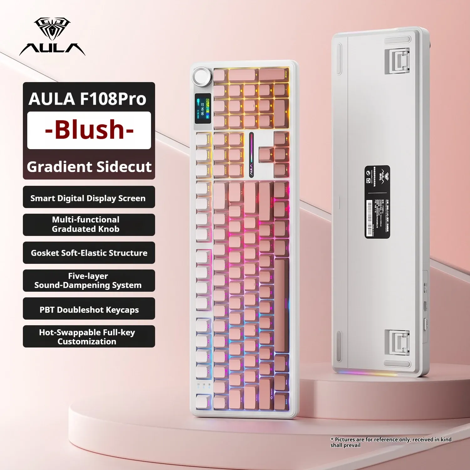 Clavier mécanique AULA F108 PRO, disposition personnalisable, rétroéclairage RVB, sans fil Bluetooth, interrupteurs HiFi 7
