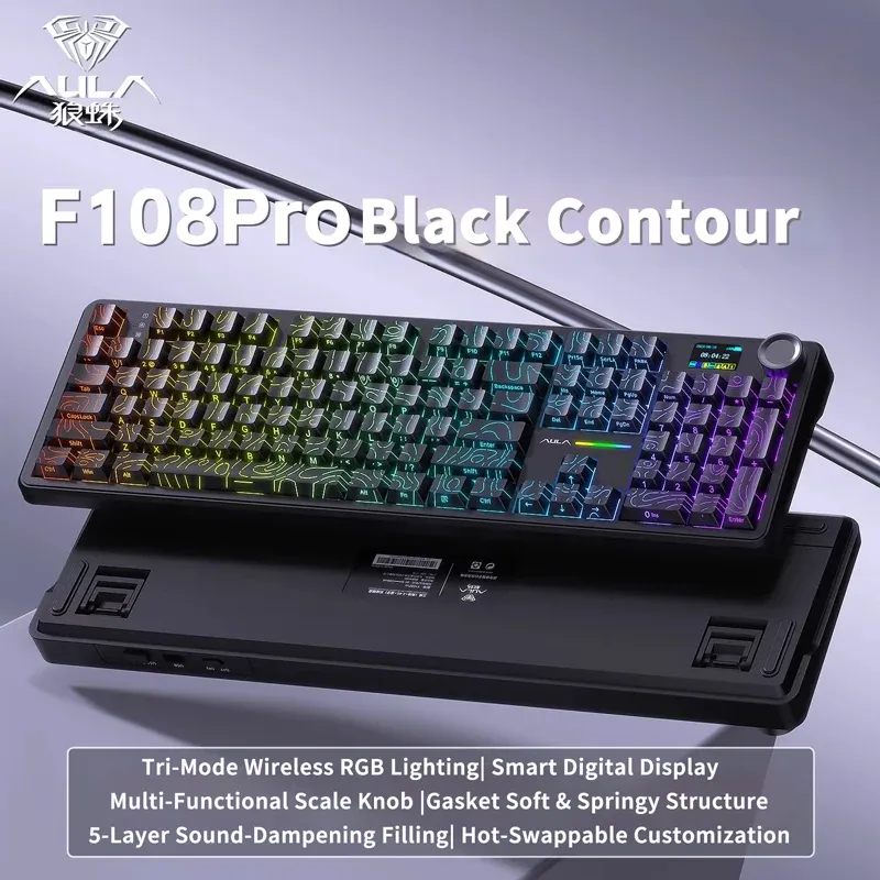 Clavier mécanique AULA F108 PRO, disposition personnalisable, rétroéclairage RVB, sans fil Bluetooth, interrupteurs HiFi 20