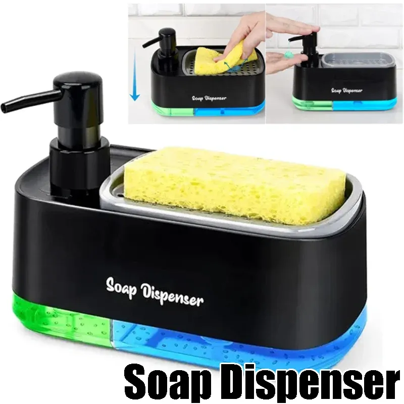 Ensemble de distributeurs de savon double pompe 3 en 1 avec range-éponge, organisateur de cuisine pour évier et plan de travail, solution de rangement compacte