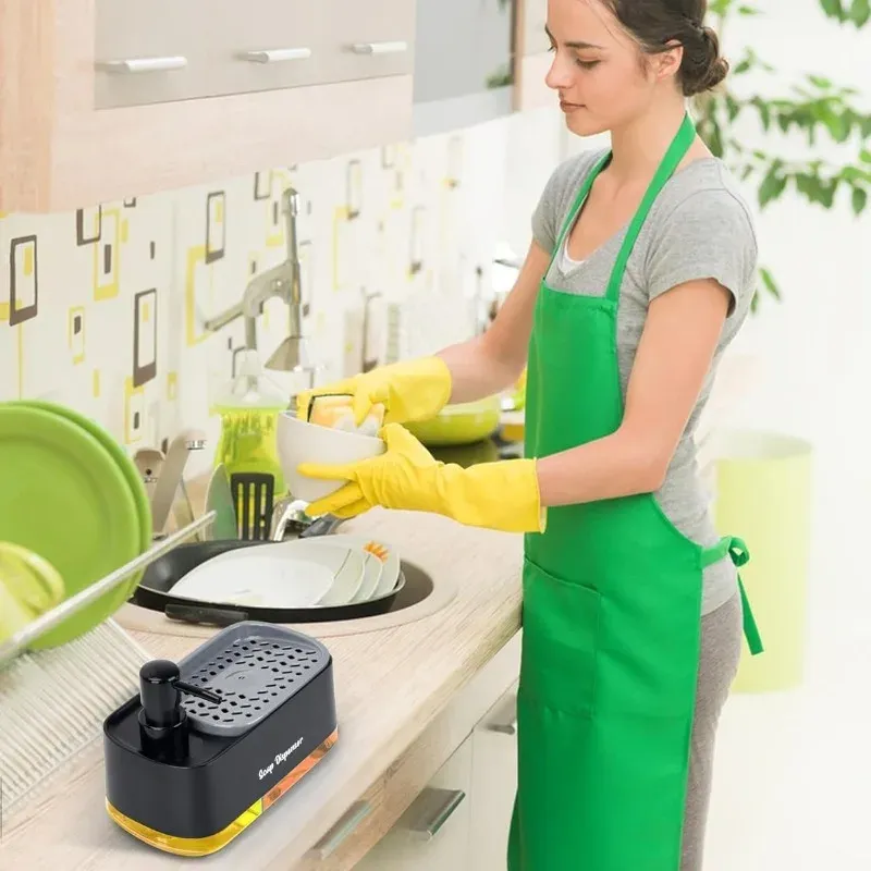 Ensemble de distributeurs de savon double pompe 3 en 1 avec range-éponge, organisateur de cuisine pour évier et plan de travail, solution de rangement compacte 2
