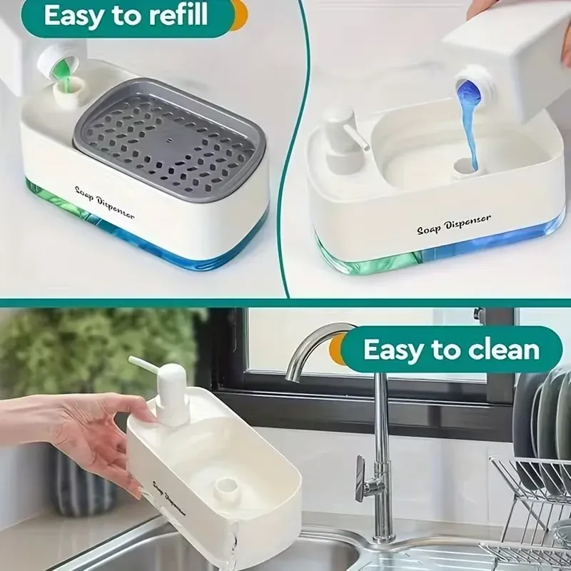 Ensemble de distributeurs de savon double pompe 3 en 1 avec range-éponge, organisateur de cuisine pour évier et plan de travail, solution de rangement compacte 4