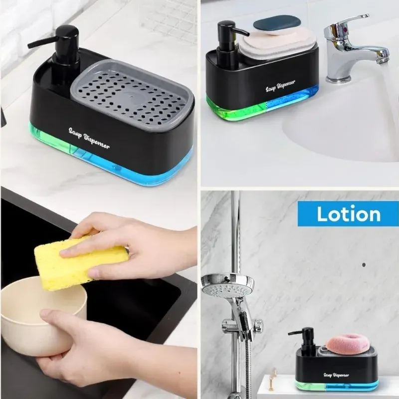 Ensemble de distributeurs de savon double pompe 3 en 1 avec range-éponge, organisateur de cuisine pour évier et plan de travail, solution de rangement compacte 5