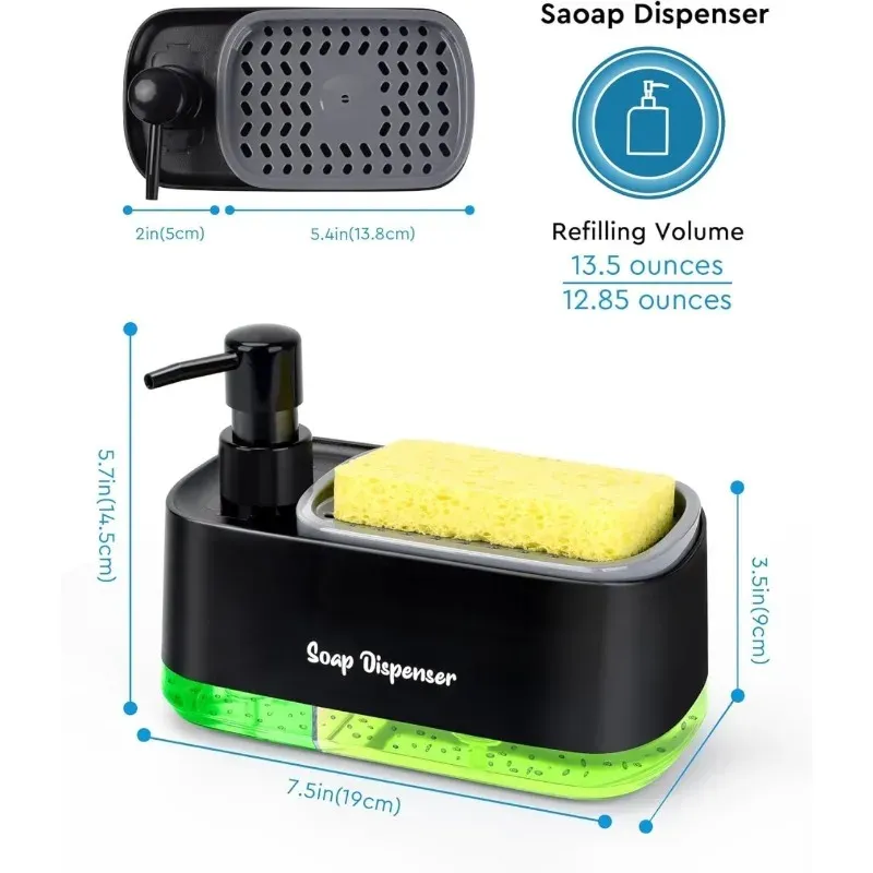 Ensemble de distributeurs de savon double pompe 3 en 1 avec range-éponge, organisateur de cuisine pour évier et plan de travail, solution de rangement compacte 6